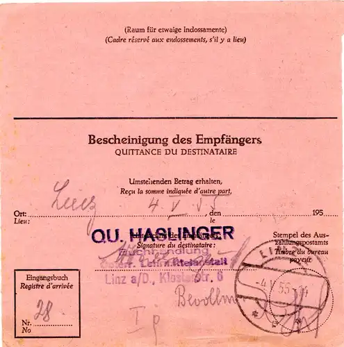 BRD 1955, EF 50 Pf. Heuss auf Auslands Postanweisung v. Donauwörth