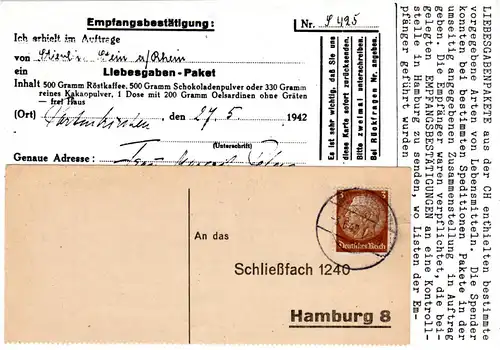 DR 1942, 3 Pf. auf Liebesgaben Paket Empfangsbestätigungskarte v. BUTTENWIESEN