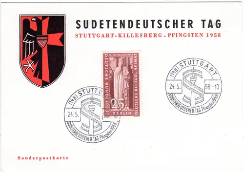 Stuttgart, Ereigniskarte m. Sonderstempel Sudetendeutscher Tag Pfingsten 1958
