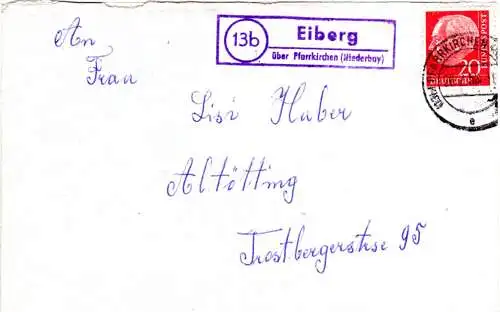 BRD 1958, Landpoststellen-II Stpl. EIBERG über Pfarrkirchen auf Brief m. 20 Pf. 