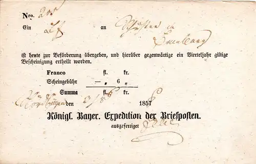 Bayern 1858, hds. Nördlingen auf Postschein m. eingedruckter Jahreszahl 1857