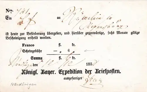 Bayern 1858, hds. Nördlingen auf Postschein m. teilw. eingedruckter Jahreszahl 