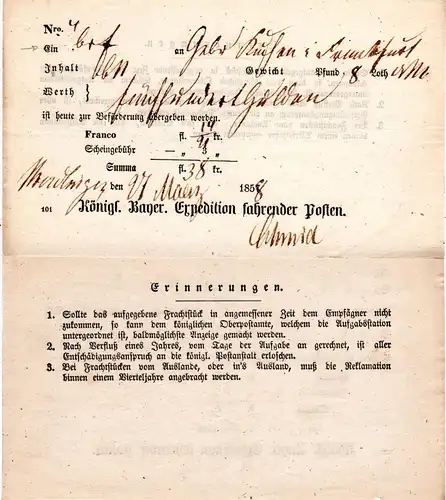 Bayern, Postschein v. Nördlingen m. eingedruckter Jahreszahl u. kl. "E" in Ein