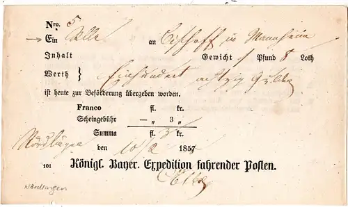 Bayern, Postschein v. Nördlingen m. eingedruckter Jahreszahl u. gr. "E" in Ein