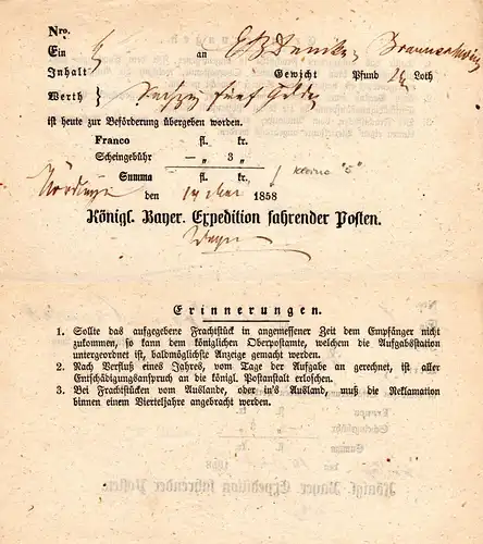 Bayern, Postschein v. Nördlingen m. kl. 5 in eingedruckter Jahreszahl 1858