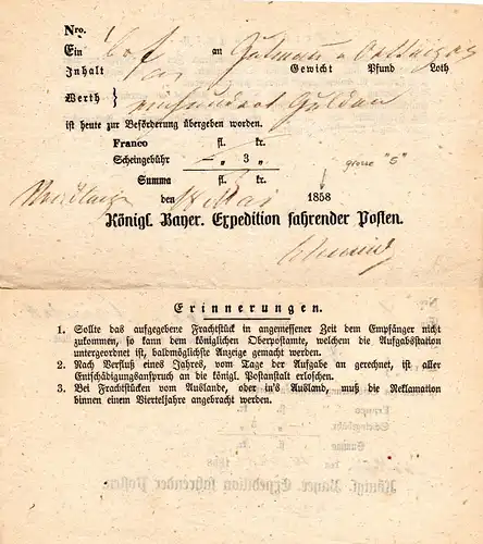 Bayern, Postschein v. Nördlingen m. gr. 5 in eingedruckter Jahreszahl 1858
