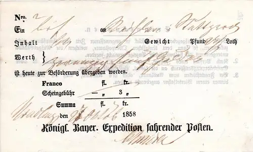 Bayern, Postschein v. Nördlingen m. JZ 1858 auf dünnem weissem Papier 