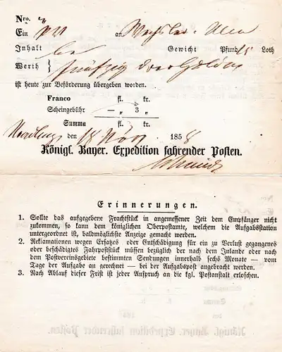 Bayern, Postschein v. Nördlingen m. Teil-JZ 185.. auf dünnem weissem Papier 