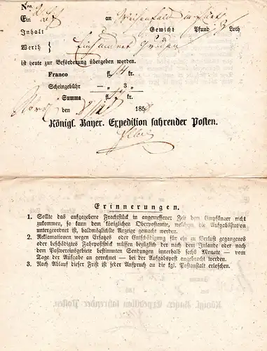 Bayern, Postschein v. Nördlingen m. Teil-JZ 185.. u. rücks. Zudruck "erloschen" 