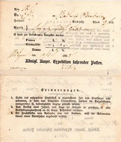 Bayern, Postschein v. Nördlingen m. Teil-JZ 185.. u. rücks. Zudruck "werden"