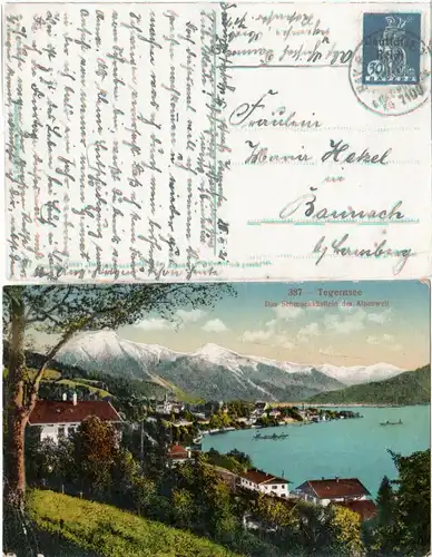 Tegernsee Farb-AK, 1921 gebr. m. 30 Pf. u. Bahnpost Stpl. B.Tölz-München ZG 7100