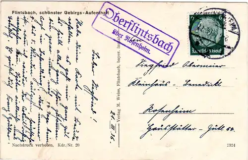 DR 1936, Oberflintsbach über Rosenheim, Landpost Stpl. auf sw-AK m. 12 Pf