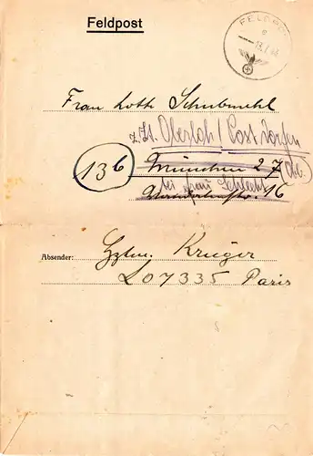 Feldpost WK II, Frankreich 1944, MORLAIX, FP-Brief m. Absender L07335 Paris