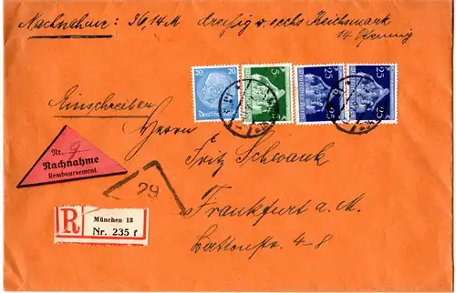 DR 1936, 5+20+2x25 Pf auf Nachnahme Einschreiben Brief v. München 18 (Schwabing)