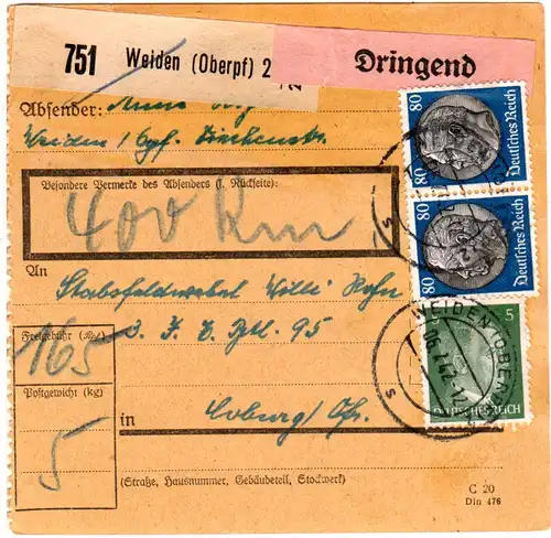 DR 1942, 5+Paar 80 Pf. auf Wert Paketkarte v. Weiden m. Extragebühr f. DRINGEND