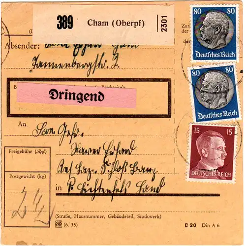 DR 1942, 15+2x 80 Pf. auf Paketkarte v. CHAM m. Extragebühr f. DRINGEND