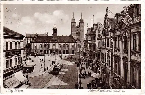 Magdeburg, Alter Markt m. Geschäften u. Trambahn, 1936 gebr. sw-AK