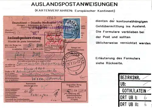 BRD 1955, 30+rücks. 20 Pf. auf Auslands Postanweisung v. Öttingen n. Österreich