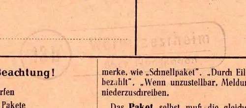 1959, WÖRNITZOSTHEIM über Nördlingen, Landpost Stpl. rücks. auf Paketkte. 