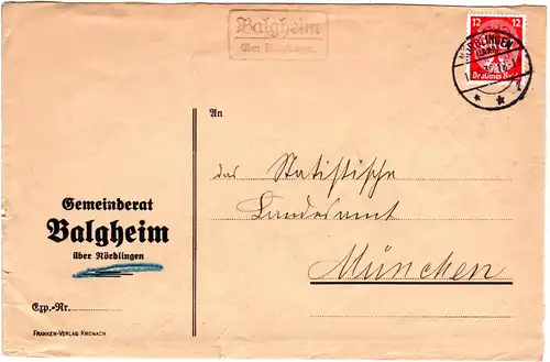 DR 1935, Landpost Stpl. BALGHEIM über Nördlingen auf Gemeinde Brief m. 12 Pf.