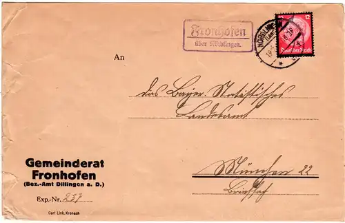 DR 1943, Landpost Stpl. FRONHOFEN über Nördlingen auf Gemeinde Brief m. 12 Pf.