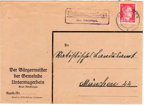 DR 1943, Landpost Stpl. UNTERMAGERBEIN über Nördlingen auf Brief m. 12 Pf.