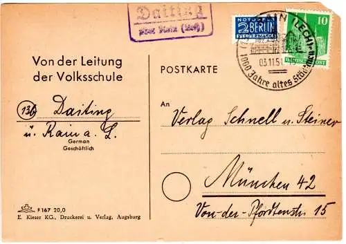 BRD 1951, Landpost Stpl. DAITING über Rain (Lech) auf Karte m. 10 Pf. 