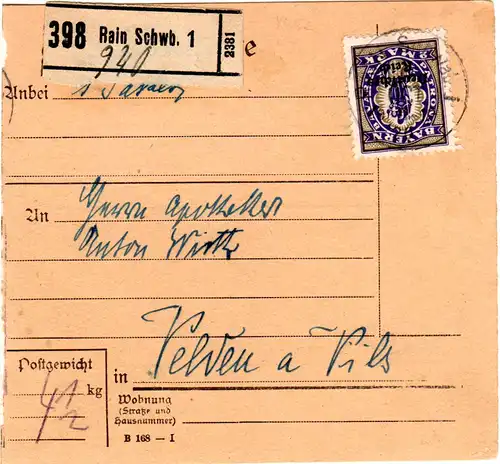 DR 1920, EF 2 Mk. DR Bayern Abschied auf Paketkarte v. Rain Schwb.1