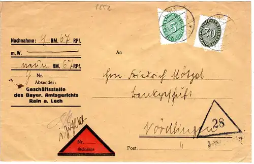 DR 1931, 5+30 Pf. Dienst auf Nachnahme Brief v. RAIN (Schwb.)