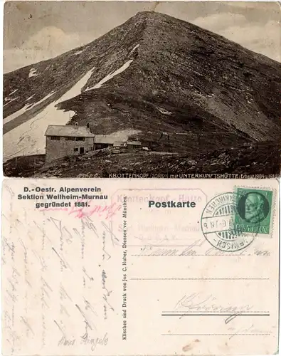 Krottenkopf Hütte DÖ Alpenverein Sektion Weilheim Murnau, 1917 gebr. sw-AK
