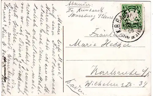 Bayern 1908, Bahnpost-K1 ROTHNB III STNCH. auf Karte m. 5 Pf.
