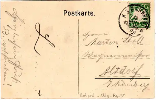 Bayern 1909, Bahnpost-K1 Nbg-Re-3 auf Karte m. 5 Pf.