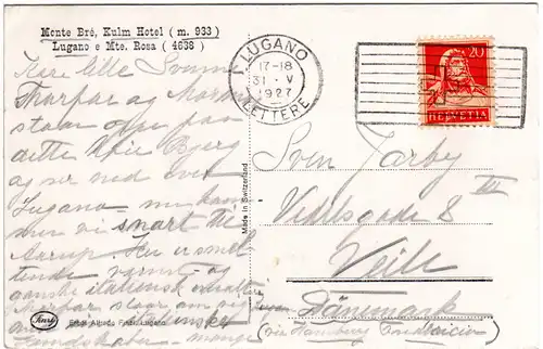 Schweiz, Lugano, Monte Bré, Hotel Kulm, 1927 nach Dänemark gebr. sw-AK 