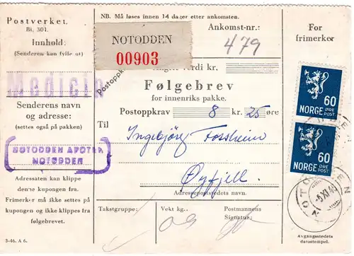 Norwegen 1946, MeF Paar 60 öre auf Nachnahme Paketkarte v. NOTODDEN