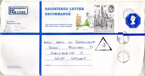 GB 1980, 15+50 P. auf großform. 75 P. Reko Ganzsache Brief v. Huddersfield