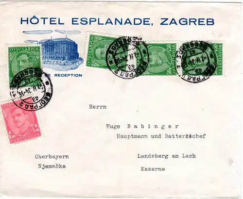 Jugoslawien 1934, 5 Marken auf Zagreb Hotel Bilder Brief ab Belgrad 