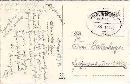 DR 1941, Bahnpost Stpl. VELDEN - DORFEN auf Feldpost Karte v. Moosen 