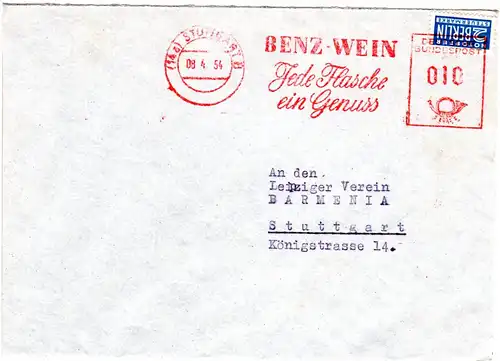 BRD 1954, Brief v. Stuttgart m. 2 Pf. Notopfer u. Benz WEIN Werbefreistempel 
