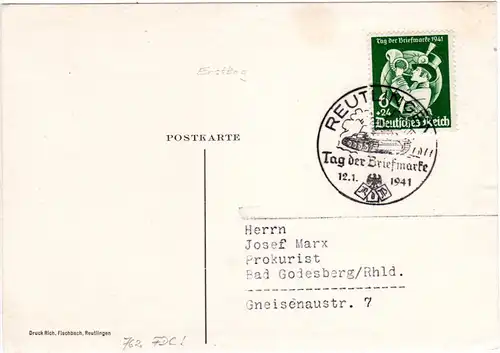 DR 1941, 6+24 Pf. Tag der Briefmarke auf Karte m. Ersttagsstpl. v. Reutlingen