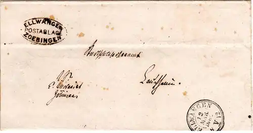 Württemberg 1869, Ellwangen Postablage Zoebingen auf Brief n. Lauchheim