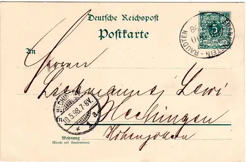 DR 1898, Bahnpost Stpl. FRANKENSTEIN-RAUDTEN auf 5 Pf. Ganzsache v. Schweidnitz