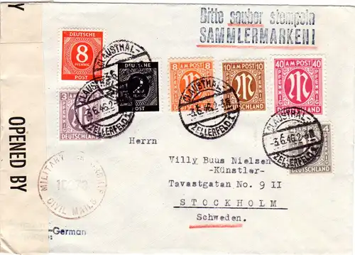 1946, 7 Marken auf portorichtigem Brief v. Clausthal-Zellerfeld n. Schweden