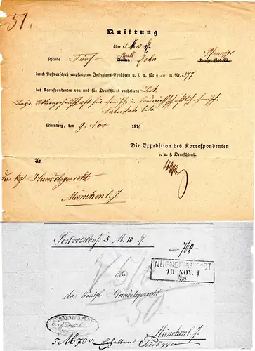Bayern 1876, R3 Nürnberg Stadt Nm. rücks. angebrachter Briefteil auf Postschein