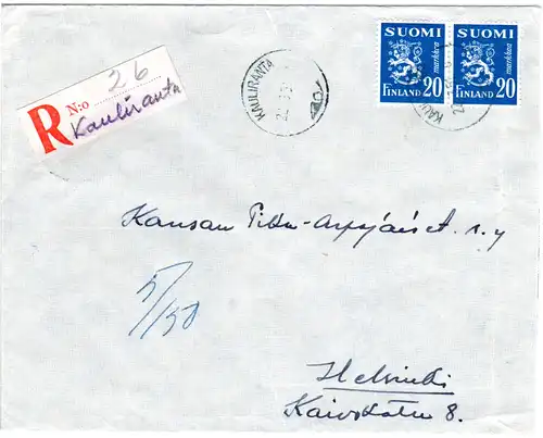 Finnland 1951, KAULIRANTA, handschriftlicher Reko Zettel auf Brief m. Paar 20 M.