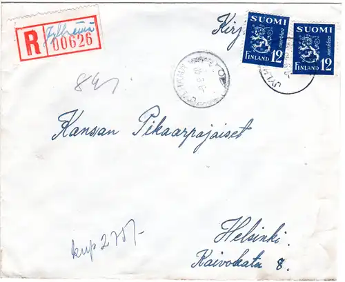 Finnland 1948, JYLHÄMÄ, handschriftlicher Reko Zettel auf Brief m. MeF 2x12 M