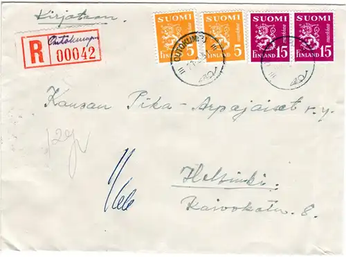 Finnland 1951, OUTOKUMPU, handschriftlicher Reko Zettel auf Brief m. 4 Marken