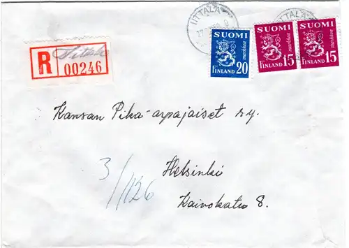 Finnland 1950, ITTALA, handschriftlicher Reko Zettel auf Brief m. 3 Marken