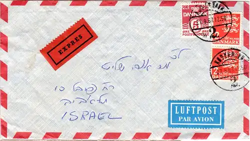 Dänemark 1957, 5 öre+2x2 Kr. auf Luftpost Express Brief v. Kopenhagen n. Israel