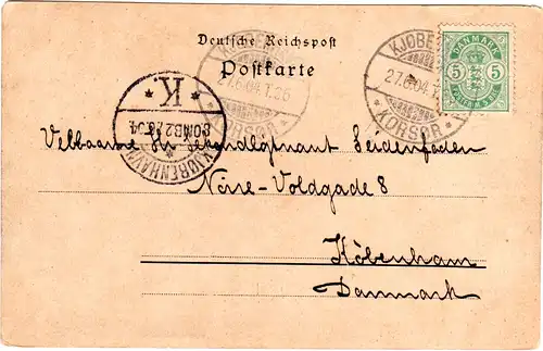 Dänemark 1904, Bahnpost Stpl. Kjöbenhavn Korsör auf AK v. Kiel m. 5 öre