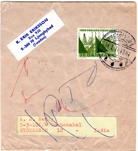 Dänemark 1971, 30 öre auf Drucksache Streifband v. Helsingör n. Indien